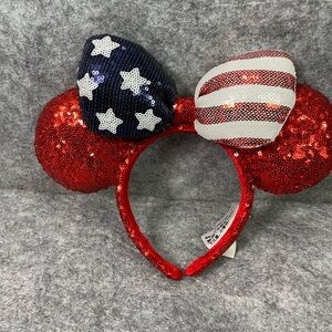 Disney Minnie Mouse Ears Headband Womens One Size Red White Blue sequin flag
